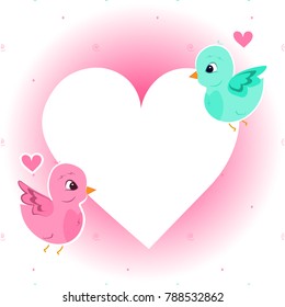 Valentine´s day card with a heart frame and two birds in love. Pink background.