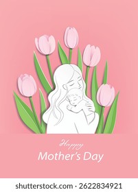 Mother’s Day card with mother and baby in paper cut style, tulips flower on background.