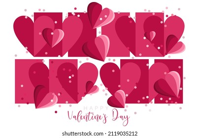 Valentine’s day card with paper hearts and decorative sprinkles on an isolated pink background