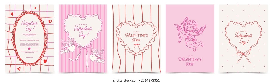 Cartão ou cartaz do Dia dos Namorados com Cupido, arcos, corações e quadros de fita de coquette no estilo vintage line art. Modelo romântico para celebração, convite, menu, branding, capa, etiqueta