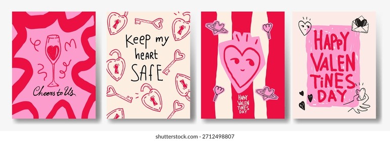 Valentine’s Day Card Set – Cute Hand-Drawn Love Illustrations with Hearts, Keys, Champagne and Romantic Messages. Perfect for Couples, Gifts, Prints and Holiday Greeting Designs.