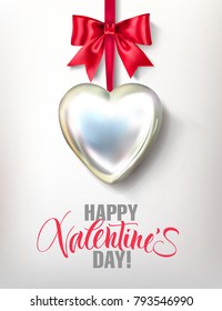 Valentine’s Day card with silver heart shape and red ribbon. Vector illustration.