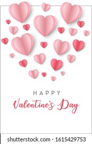 Valentine’s day card with soft pink flying hearts. Vector for Valentine’s day or birthday greeting card, poster decoration and design. 