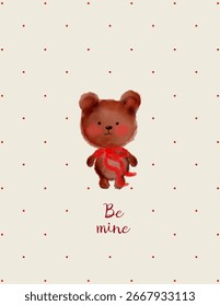 Tarjeta de San Valentín con oso de peluche y lunares. Ilustración vectorial para cartel, Anuncio, marca, impresión, etiqueta, cubierta, celebración.