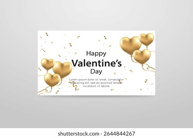 Valentine’s Day Card Template with Golden Heart Balloons and Confetti on White Background
