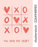 Valentine’s Day Card Tic Tac Toe Game With Hearts And "You Won My Heart” Text On Pink Background. Simple Vector Graphic. Isolated Elements.