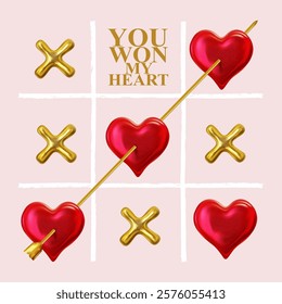 Valentine’s Day card tic tac toe game with hearts. Text You Won My Heart on pink background. Simple vector card. Game template. Noughts, Crosses symbol in Valentine’s style. Vector Romantic postcard