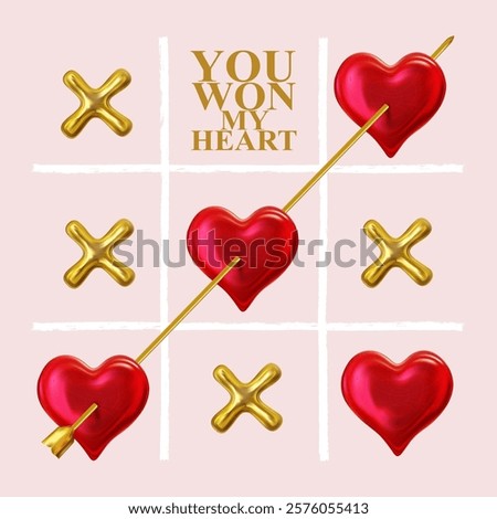 Valentine’s Day card tic tac toe game with hearts. Text You Won My Heart on pink background. Simple vector card. Game template. Noughts, Crosses symbol in Valentine’s style. Vector Romantic postcard