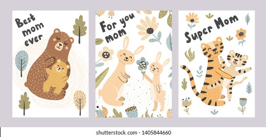 Mother’s day cards collection. Adorable postcards with cute animals - mother and babies. Vector illustration