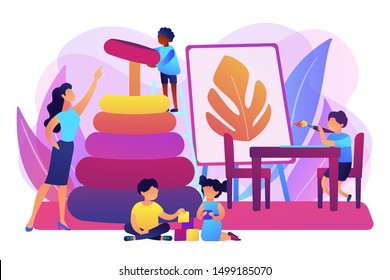 Day care center, kindergarten pupils and tutor. Primary education. Nursery school, high quality preschool program, private nursery near you concept. Bright vibrant violet vector isolated illustration