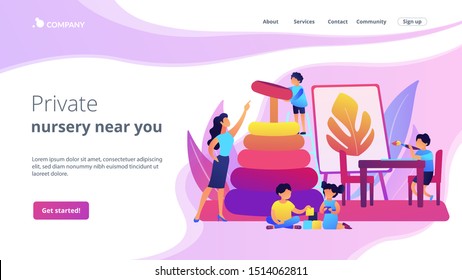 Day care center, kindergarten pupils and tutor. Primary education. Nursery school, high quality preschool program, private nursery near you concept. Website homepage landing web page template.