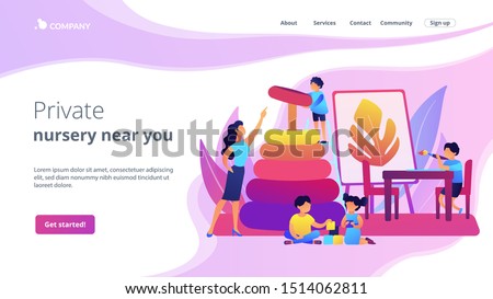 Day care center, kindergarten pupils and tutor. Primary education. Nursery school, high quality preschool program, private nursery near you concept. Website homepage landing web page template.