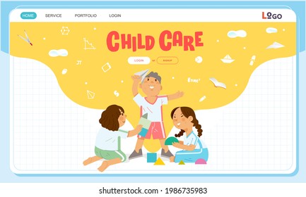 Day care website banner illustration, children playing happily with toys. used for landing page illustration, website image and other