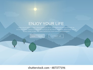 Day cartoon Winter Mountain Forest Landscape Background with snow trees. Website header banner elements layout. Presentation, flyer and poster