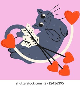 Сlindo gato del día de San Valentín con la flecha del corazón y el arco. Juguetón personaje felino de dibujos animados. Ilustración vectorial aislada estilo Doodle.
