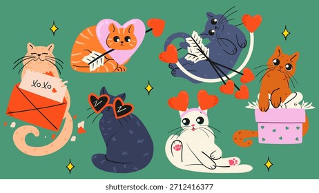 Сute Valentine’s Day cat set with hearts, arrows, gifts, and love themed accessories. Playful cartoon feline characters perfect for greeting cards, stickers, posters