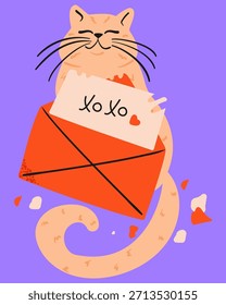 Сlindo gato del día de San Valentín con el sobre roto. Juguetón personaje felino de dibujos animados. Ilustración vectorial aislada estilo Doodle.