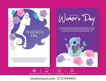 Women’s Day Celebration A4 Flyer Poster and Brochure Cover Template Design, 8 March Floral Vector Illustration Background with Artistic Female Face Silhouette for Promotional Campaigns