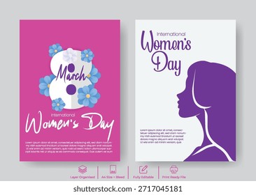 Celebración del Día de la Mujer A4 Impresión Listo Flyer Póster Plantilla, 8 de marzo Diseño de portada de folleto con fondo de Ilustración vectorial floral y silueta de cara femenina
