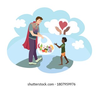 El día de la caridad. Ilustración vectorial plana. La comida es el mejor regalo para los pobres. Fondo de nube. La Tierra es un símbolo de la unión de personas en todo el planeta.