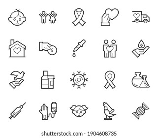 Day of children with cancer line icon set. Collection of holidays signs for web design and mobile app. Cancer day pictograms. Children, boy, girl, heart, cancer ribbon, dove icon on white background. 