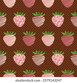 Valentine’s day chocolate covered strawberries on heart shape seamless pattern design, ideal suitable for Valentine's Day, food-related illustrations, or vintage-style stationery. .