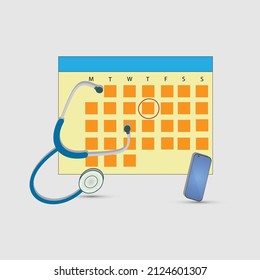 Day circled on a calendar with stethoscope and mobile phone. Doctor appointment concept