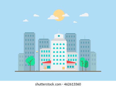 Day City Life Concept. Town street. Urban Landscape Banner with buildings, trees, shop, stores, sky and sun. Vector