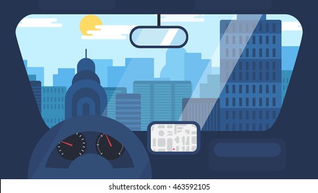 Day City Life Concept. Town street from inside car interior with wheel, speedometer, gps navigator. Urban Landscape Banner with buildings, trees, shop, stores, sky and sun. Vector
