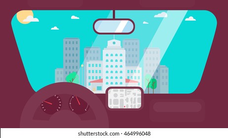 Day City Life Concept. Town street from inside car interior with wheel, speedometer, gps navigator. Urban Landscape Banner with buildings, trees, shop, stores, sky and sun. Vector
