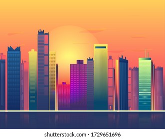 Day city in the Sunset Time , Design in bright neon colors. Building  reflected in the water. Vector illustration
