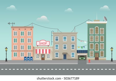 Day city urban landscape. Small town vector illustration in flat style