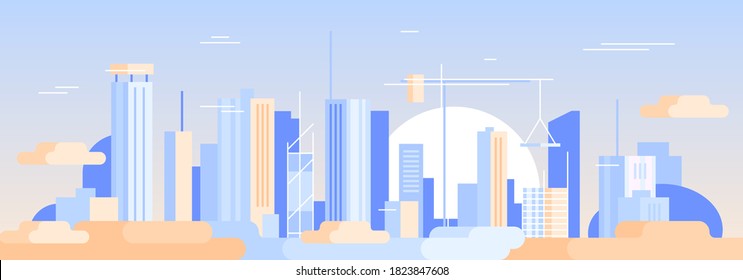 Day in the city. Urban skyline, buildings behind clouds. Modern construction of skyscrapers. Flat landscape, vector illustration.