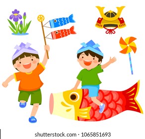 Japan’s children’s day clip art set. Boy riding a carp and another boy holding koinobori