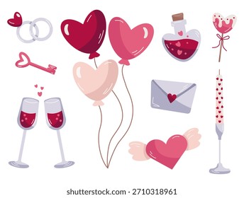 Valentine’s Day clipart elements set. Hand-drawn romantic hearts, balloons and sweet icons in flat style. Vector isolated.
