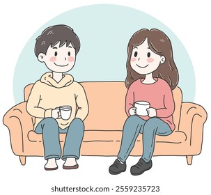 Valentine’s Day Coffee Moment: A Heartfelt Connection Over a Sweet Morning Brew.Vector illustration on white background.