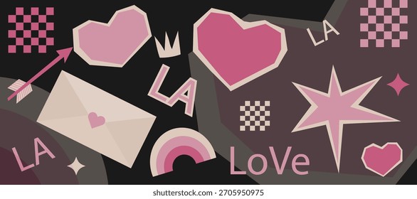 Obra de arte de collage de San Valentín con corazones y símbolos de amor cortados en papel. Una composición moderna de estilo retro creada a partir de Elementos recortados en capas, perfecta para diseños románticos de vacaciones. Vector EPS1