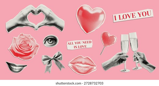 Conjunto de elementos de colagem do dia dos namorados, adesivos de meio-tom Corações Rosas e Doodles Vetor
