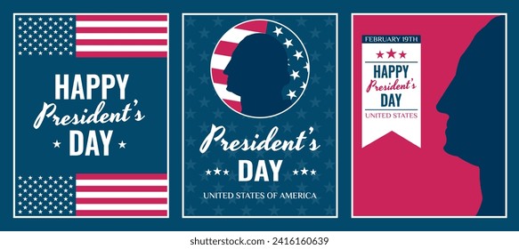 President's Day Kollektion von Plakatdesign-Vorlagen. Set von modernen Vektorgrafiken mit Silhouetten und Schriften. Herzlichen Glückwunsch zum Tag des Präsidenten 2024.