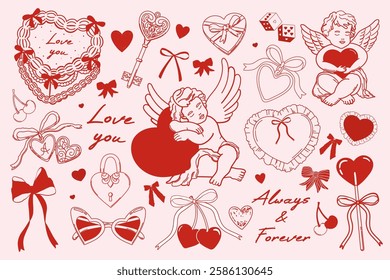 Valentine’s Day collection of romantic elements. Red and pink coquette core vintage illustration. Vector of cupids, more hearts, cake, cherry, bows etc. Design for posters, cards, invitation etc.