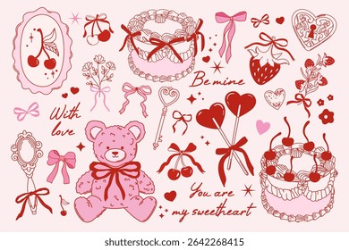 Valentine’s Day collection of romantic elements. Red and pink coquette vintage illustration. Vector of teddy bear, cake, cherry, strawberry, bows etc. Design for posters, cards, invitation etc.