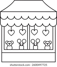Valentine’s Day Coloring Page – Cute Market Stall with Teddy Bears, Hearts, and Balloons – Easy Printable for Kids – Fun Kawaii Outline Art for Coloring