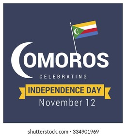 The Day of Comoros, Vector Comorian Independence Day Celebrating 12th November. Celebration Card. Yellow Ribbon banner on Blue background with waving flag. wallpaper background Illustration