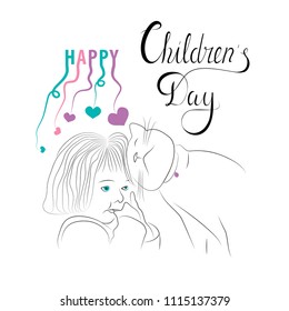 Children’s day congratulation shows happiness, love, warmth and safety with baby girl and cat
