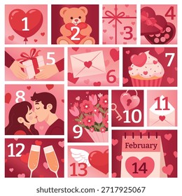 Calendario de cuenta regresiva de San Valentín con iconos románticos y números del 1 al 14. Ilustración temática de amor con corazones, osito de peluche, caja de regalo, flores, pareja de besos, cupcake, sobre, copas de champán y símbolos románticos. Lindo diseño plano en colores rojo y rosa, perfecto para tarjetas de San Valentín, calendarios, publicaciones en redes sociales, Anuncios, invitaciones, carteles y diseños festivos.