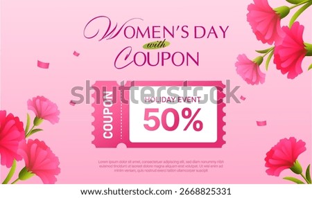 Women’s Day coupon vector with 50% holiday event discount, featuring pink flowers and festive design. Love gift voucher banner template in 3d vector