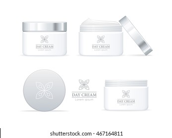 Day cream bottles set isolated. Collection of cosmetic product flasks with logo or symbol on the nameplate. Reservoir with label. Part of series of decorative cosmetics items. Vector illustration