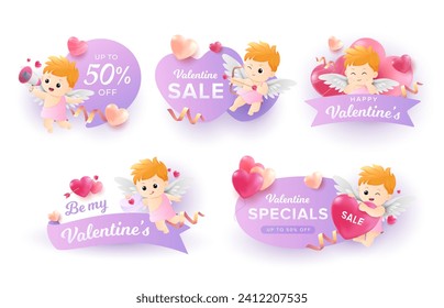 Valentine’s Day Cupid Label Collection. Promotion purple sale label template for love and valentine’s day concept.