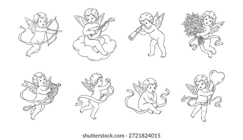 Dia dos Namorados Conjunto de Desenho de Linha Cupido. Desenhado à mão ilustrações de anjo Cherub vintage em vários Pose, estilo simples, cartões de saudação, convites, cartazes, decorações vetor de design de férias românticas.