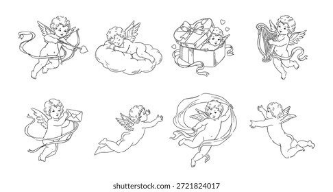 Dia dos Namorados Conjunto de Desenho de Linha Cupido. Desenhado à mão ilustrações de anjo Cherub vintage em vários Pose, estilo simples, cartões de saudação, convites, cartazes, decorações vetor de design de férias românticas.
